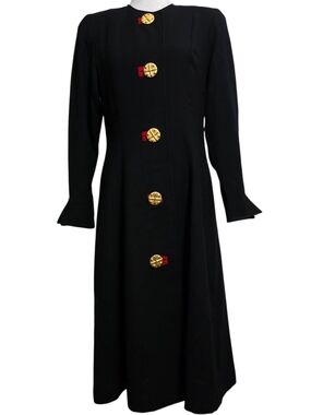 Vintage Howard Wolf Black‎ Wool Coat Dress Gold Button Midi Fit & Flare USA Sz 8